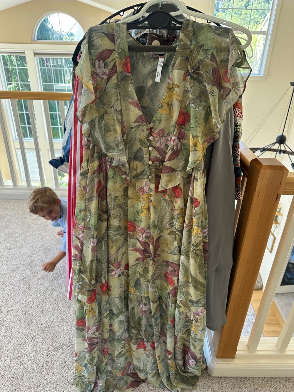Mango Floral Ruffle Maxi Dress in Green and Red NWOT